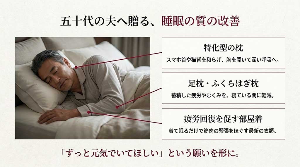 50代の夫へ贈る、特化型の枕、足枕・ふくらはぎ枕、疲労回復を促す部屋着(リカバリーウェア)など睡眠の質を改善するヘルスケアグッズの紹介スライド