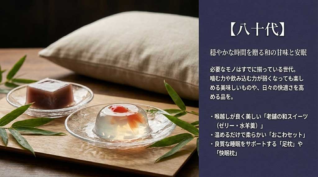 80代の義父向けギフト。老舗の和スイーツ(ゼリー・水羊羹)、おこわセット、足枕や快眠枕などの穏やかな時間を贈るアイテムを紹介するスライド