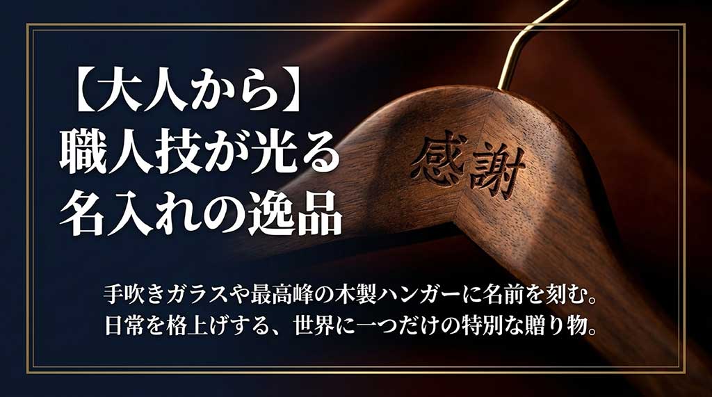 手吹きガラスや最高峰の木製ハンガーに名前を刻み、日常を格上げする世界に一つだけの特別な贈り物（セミオーダーギフト）の紹介スライド