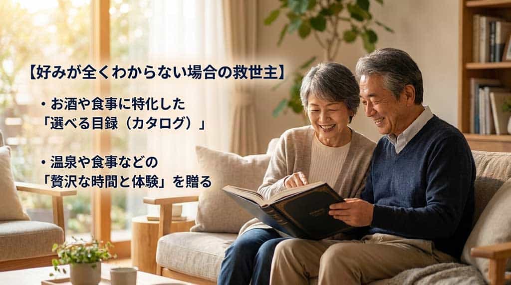 好みが全くわからない場合の救世主。お酒や食事に特化した「選べる目録(カタログ)」、温泉や食事などの「贅沢な時間と体験」を贈る