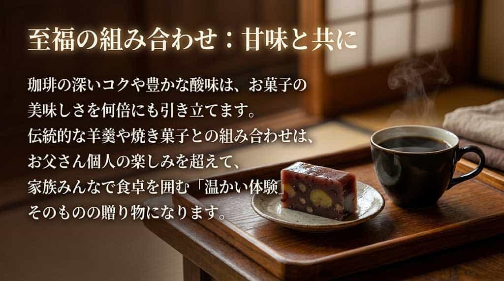 「至福の組み合わせ:甘味と共に」と題されたスライド。珈琲のコクや酸味が伝統的な羊羹や焼き菓子の美味しさを引き立て、家族みんなで食卓を囲む温かい体験の贈り物になることを解説しています。