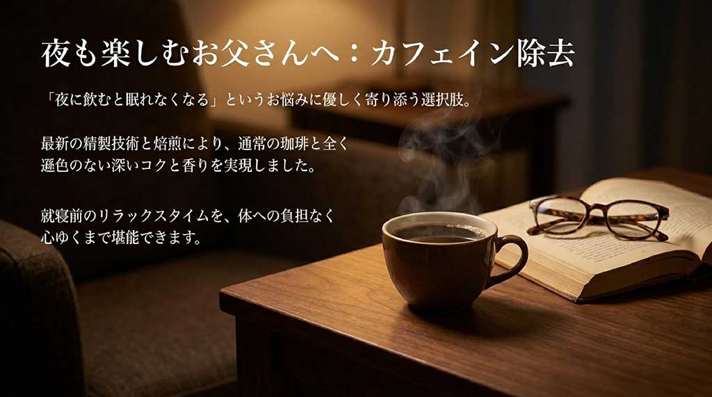 「夜も楽しむお父さんへ:カフェイン除去」と題されたスライド。最新の精製技術と焙煎により、通常の珈琲と遜色のない深いコクと香りを実現し、就寝前の時間を体への負担なく堪能できる選択肢としてデカフェを提案しています。