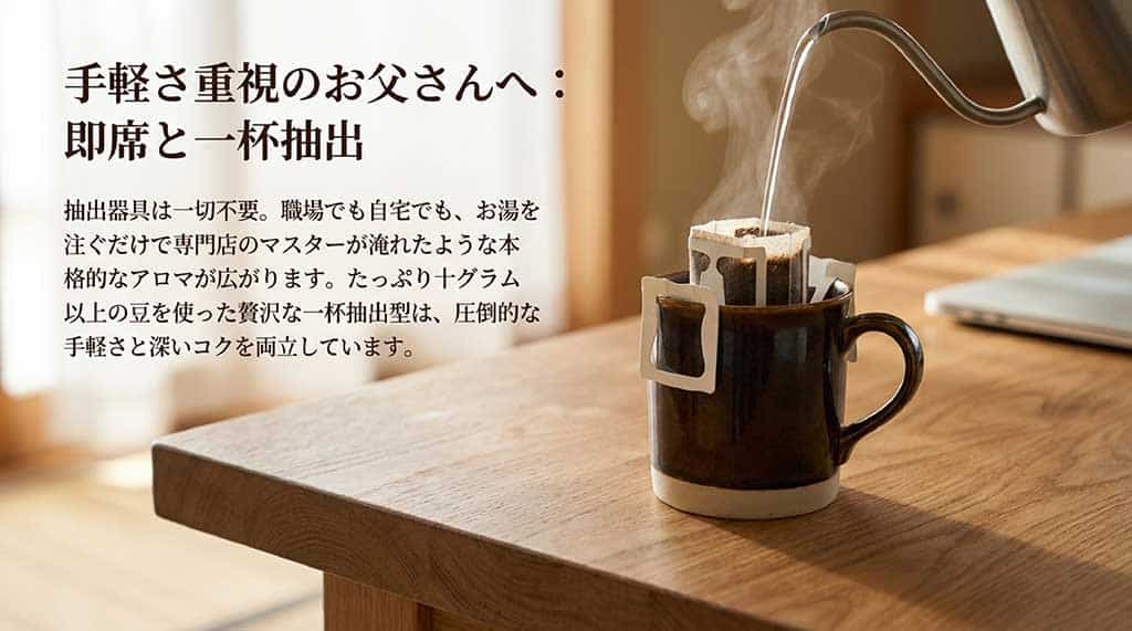 「手軽さ重視のお父さんへ:即席と一杯抽出」と題されたスライド。抽出器具は不要で、お湯を注ぐだけで専門店のマスターが淹れたような本格的なアロマが広がる、10グラム以上の豆を使った贅沢な一杯抽出型珈琲のメリットを説明しています。