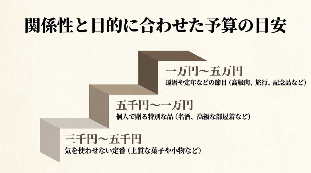 「関係性と目的に合わせた予算の目安」のスライド。3,000円〜5,000円（気を使わせない定番）、5,000円〜1万円（個人で贈る特別な品）、1万円〜5万円（還暦や定年などの節目）と3つの価格帯を解説しています。