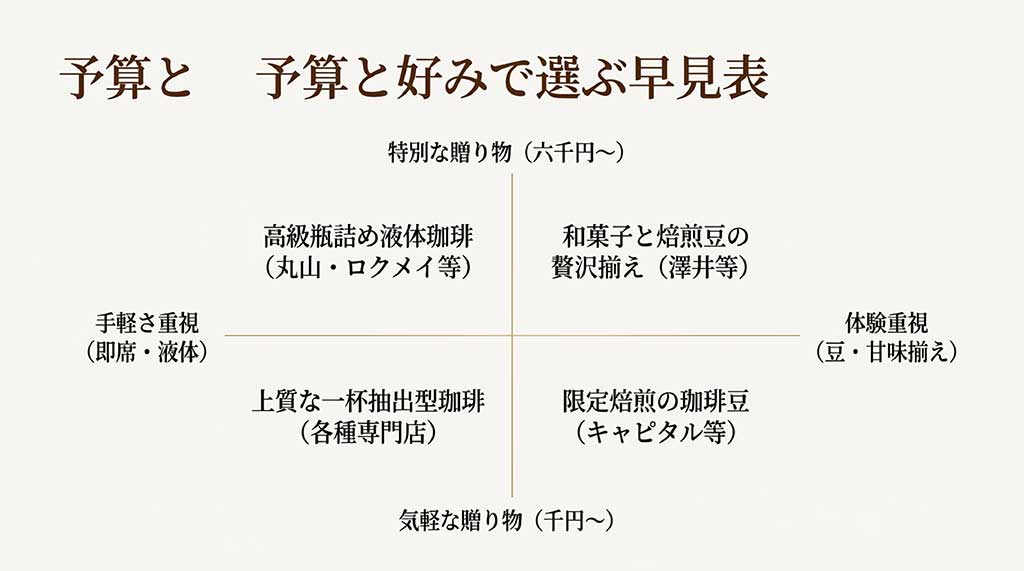 「予算と好みで選ぶ早見表」のマトリクス図。千円からの気軽な贈り物(上質な一杯抽出型や限定焙煎の珈琲豆)から、六千円からの特別な贈り物(高級瓶詰め液体珈琲や和菓子と焙煎豆の贅沢揃え)まで、手軽さ重視・体験重視の軸で分類されたマップ。