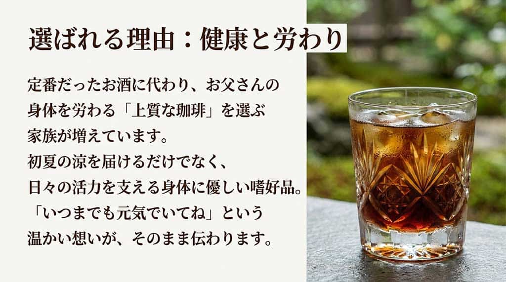 「選ばれる理由:健康と労わり」と題されたスライド。お酒に代わり、初夏の涼を届け日々の活力を支える、身体に優しい上質な珈琲を父親に贈る家族が増えていることを説明しています。