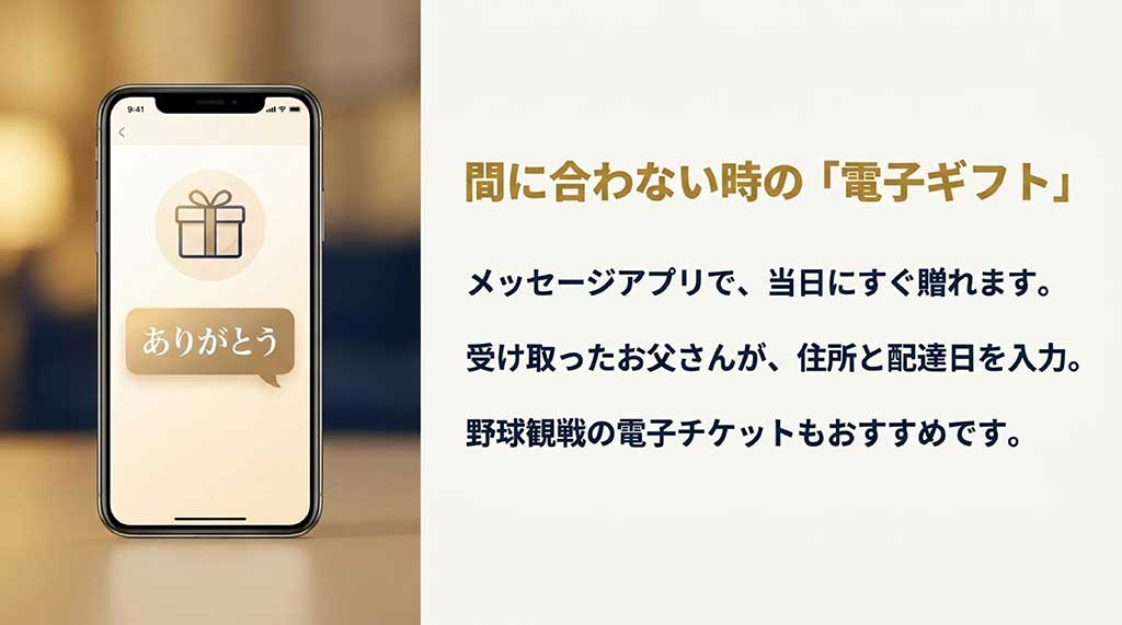 メッセージアプリで当日にすぐ贈れて、受け取った側が住所と配達日を入力する電子ギフト（ソーシャルギフト）や野球観戦の電子チケットを提案するスライド