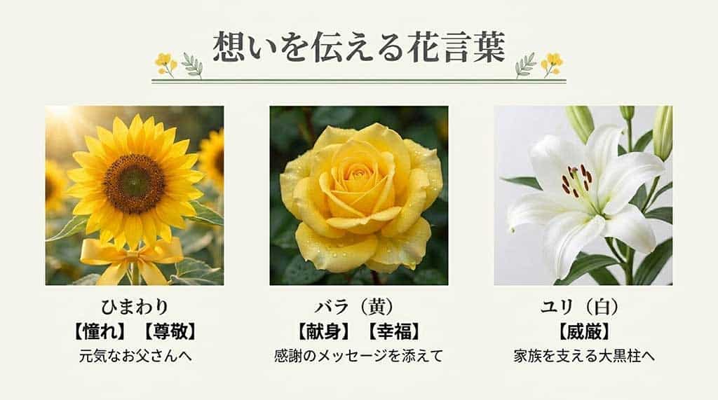 ひまわり（憧れ・尊敬）、黄色のバラ（献身・幸福）、白いユリ（威厳）の花言葉とそれぞれの特徴をまとめた比較画像
