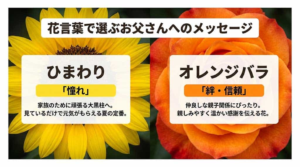 父の日ギフトに選ばれるひまわり(花言葉:憧れ)とオレンジバラ(花言葉:絆・信頼)のメッセージ紹介スライド