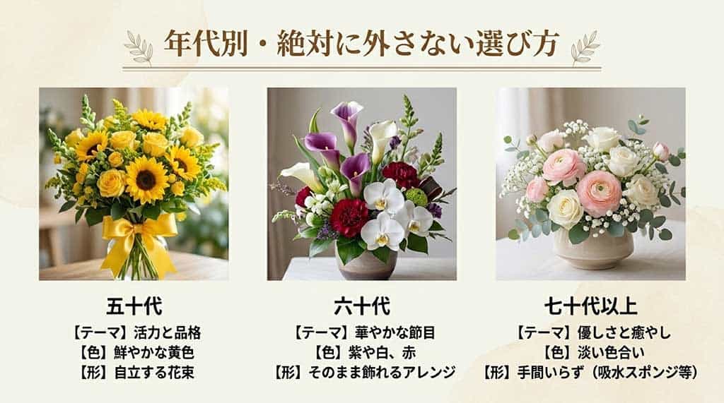 50代（鮮やかな黄色）、60代（紫や白・赤）、70代以上（淡い色合い・手間いらず）といった年代別のテーマと形状を解説した画像