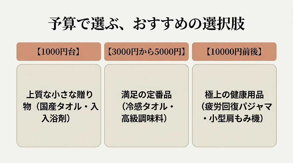 1000円台(国産タオル・入浴剤)、3000円〜5000円(冷感タオル・高級調味料)、10000円前後(疲労回復パジャマ・小型肩もみ機)の予算別おすすめギフトを一覧にしたスライド