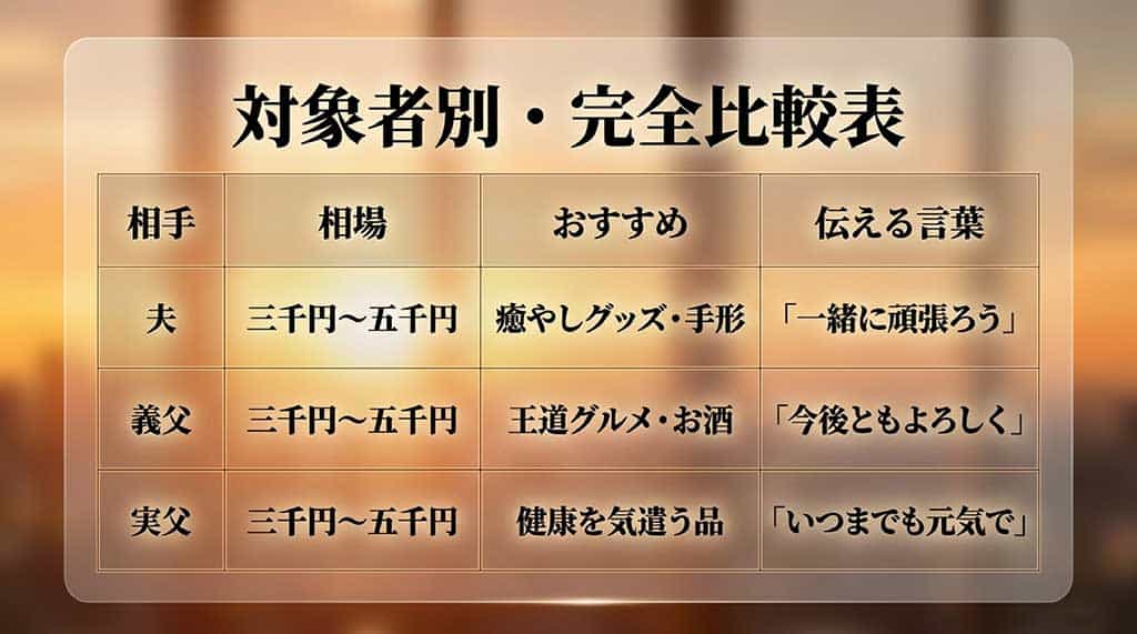 夫・義父・実父の3つの対象者別に、相場(すべて3,000円〜5,000円)、おすすめ(癒やしグッズ、王道グルメ、健康グッズ)、伝える言葉(一緒に頑張ろう、今後ともよろしく、いつまでも元気で)を一覧でまとめた完全比較表のスライド画像