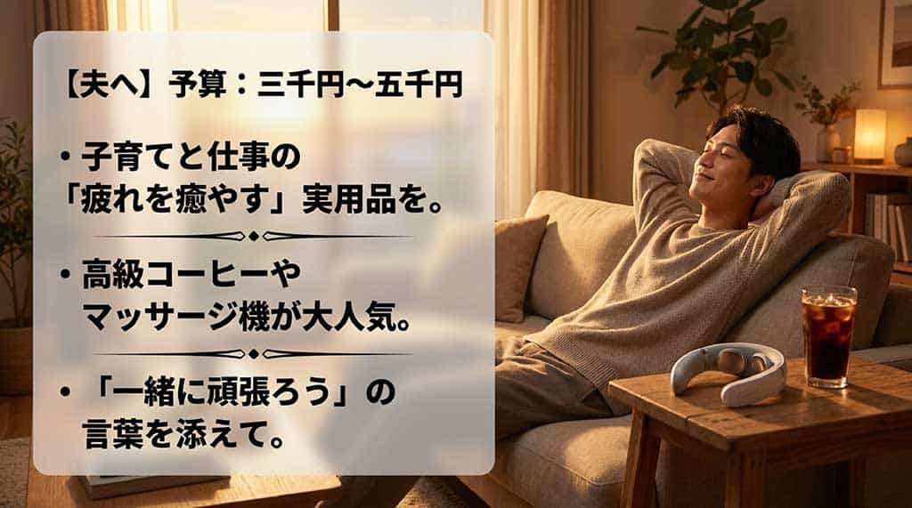 「【夫へ】予算:三千円~五千円」と記載され、子育てと仕事の疲れを癒やす実用品(高級コーヒーやマッサージ機)が人気であること、および「一緒に頑張ろう」の言葉を添えることを推奨するスライド画像