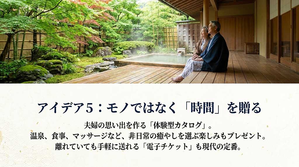 アイデア5:モノではなく「時間」を贈る。夫婦の思い出を作る「体験型カタログ」で温泉や食事など非日常の癒やしをプレゼント。手軽に送れる「電子チケット」も現代の定番と書かれたスライド