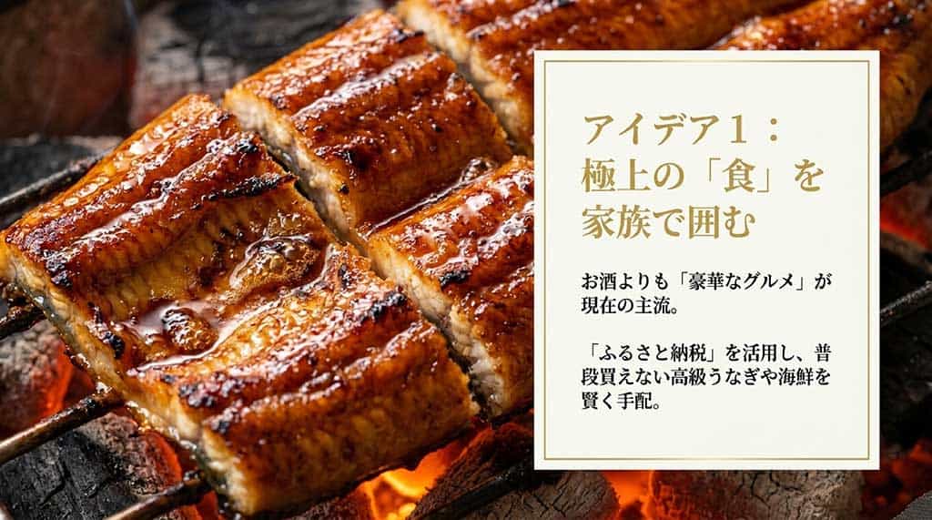 アイデア1:極上の「食」を家族で囲む。豪華なグルメがお酒を抜いて現在の主流。「ふるさと納税」を活用して高級うなぎや海鮮を賢く手配と書かれた、うなぎの蒲焼の画像のスライド
