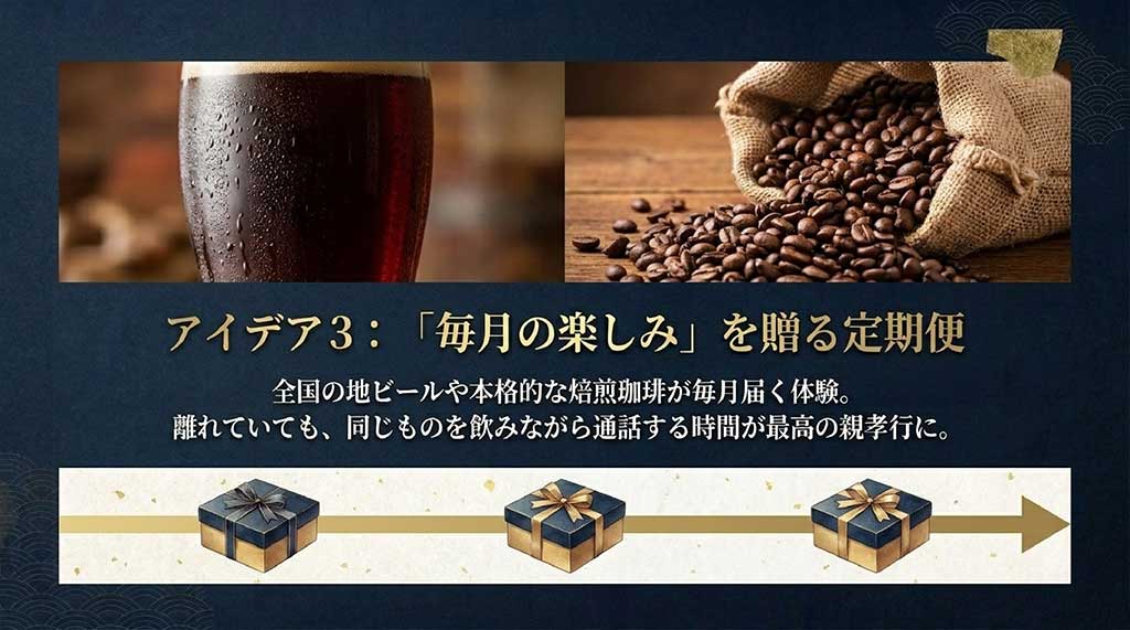 アイデア3:「毎月の楽しみ」を贈る定期便。全国の地ビールや本格的な焙煎コーヒーが毎月届く体験。離れていてもオンラインで一緒に乾杯する時間が最高の親孝行にと書かれたスライド