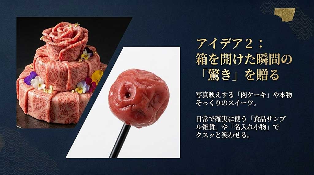 アイデア2:箱を開けた瞬間の「驚き」を贈る。写真映えする「肉ケーキ」や本物そっくりスイーツ。確実に使う食品サンプル雑貨や「名入れ小物」でクスッと笑わせると書かれた、肉ケーキとリンゴ飴の画像のスライド