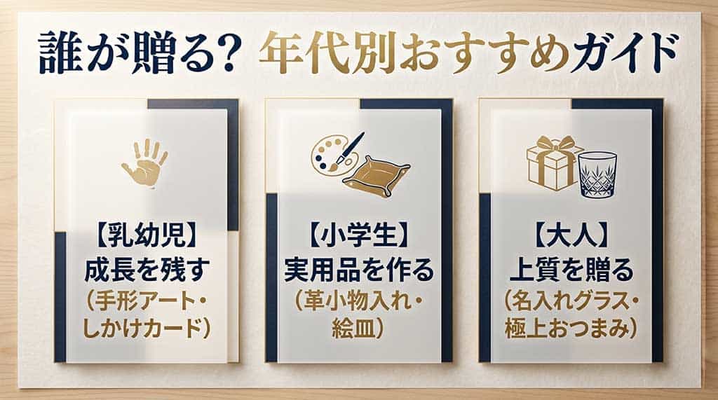 乳幼児（手形アート・しかけカード）、小学生（革小物入れ・絵皿）、大人（名入れグラス・極上おつまみ）の、年代別おすすめギフトの分類マップスライド