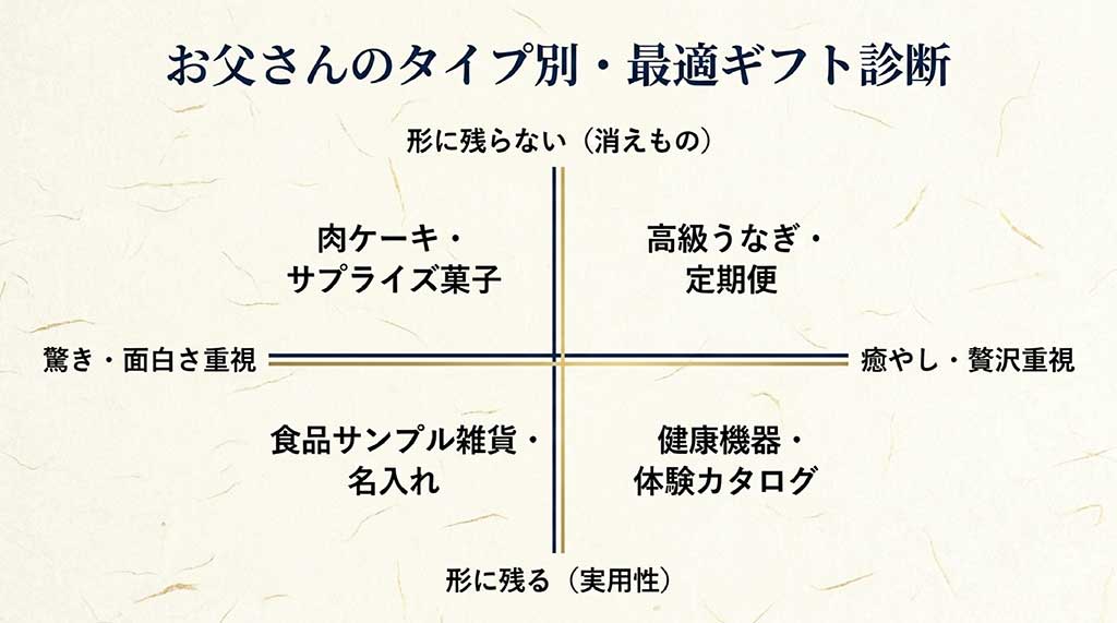 お父さんのタイプ別・最適ギフト診断。縦軸が「形に残らない(消えもの)」と「形に残る(実用性)」、横軸が「驚き・面白さ重視」と「癒やし・贅沢重視」で4象限に分類されたプレゼントの図解スライド