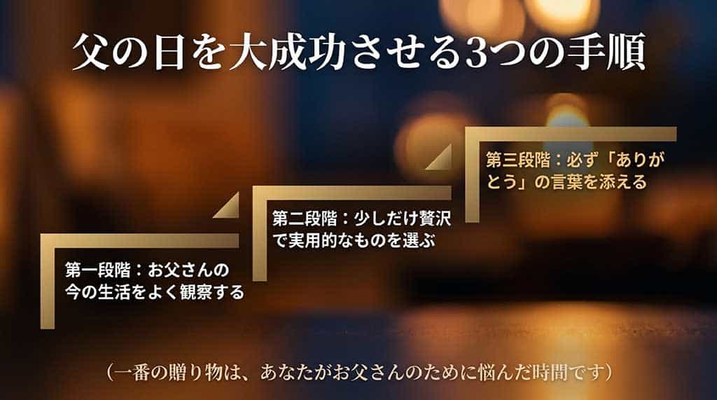 父の日を大成功させる3つの手順として、第一段階：お父さんの今の生活をよく観察する、第二段階：少しだけ贅沢で実用的なものを選ぶ、第三段階：必ず「ありがとう」の言葉を添える、をまとめたスライド。