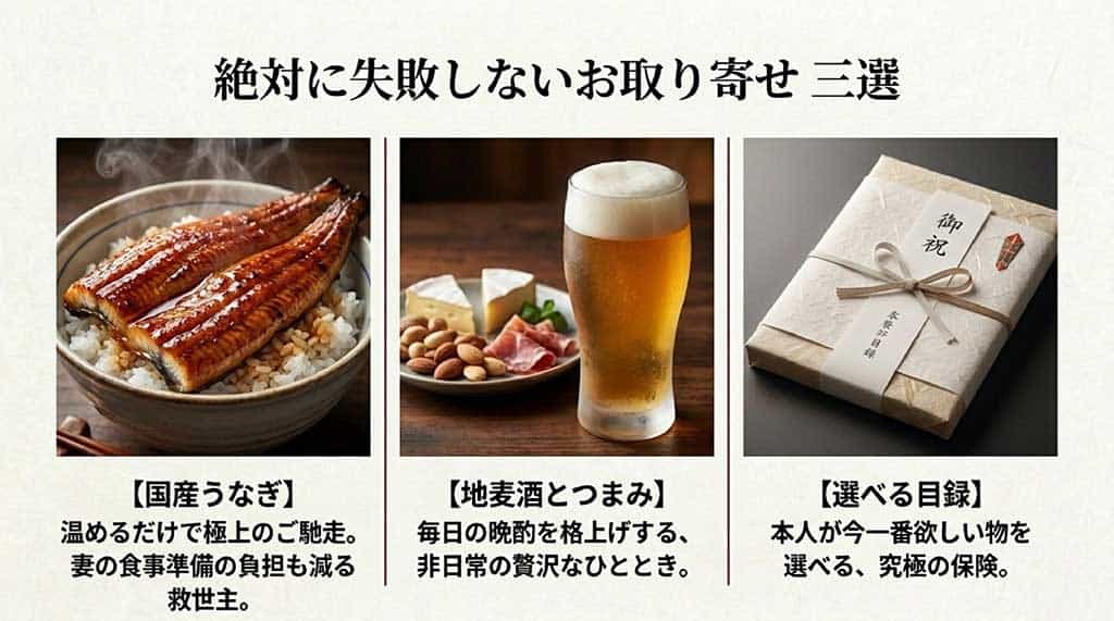温めるだけで贅沢な国産うなぎ丼、毎日の晩酌を格上げする地麦酒(クラフトビール)とつまみ、本人が欲しいものを選べる目録ギフトの3つの厳選お取り寄せスライド