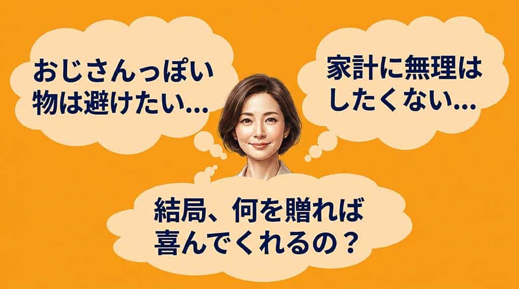 旦那への父の日プレゼント選びで「おじさんっぽい物は避けたい」「家計に無理はしたくない」「結局何を贈れば喜ぶ?」と悩む妻の本音を表したスライド