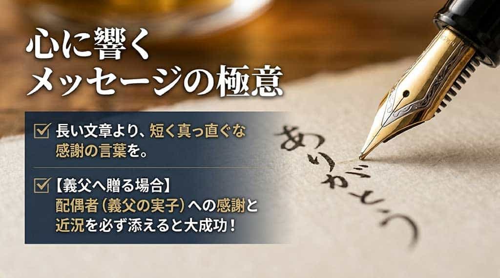 短く真っ直ぐな感謝の言葉を伝えることや、義父へ贈る場合に配偶者（義父の実子）への感謝と近況を必ず添えるという成功の極意を解説したスライド