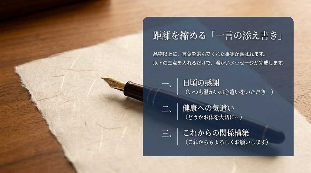 温かいメッセージを完成させる3つの点(日頃の感謝、健康への気遣い、これからの関係構築)を解説したスライド