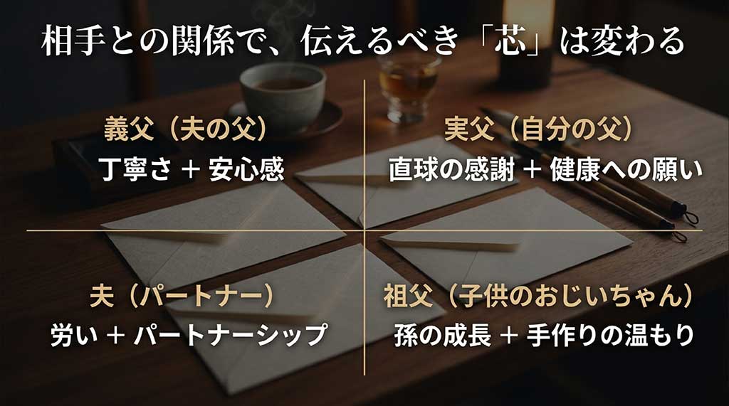 義父、実父、夫、祖父の4つの関係性ごとに、伝えるべきメッセージのポイント(丁寧さ、直球、労い、成長)をまとめた図解