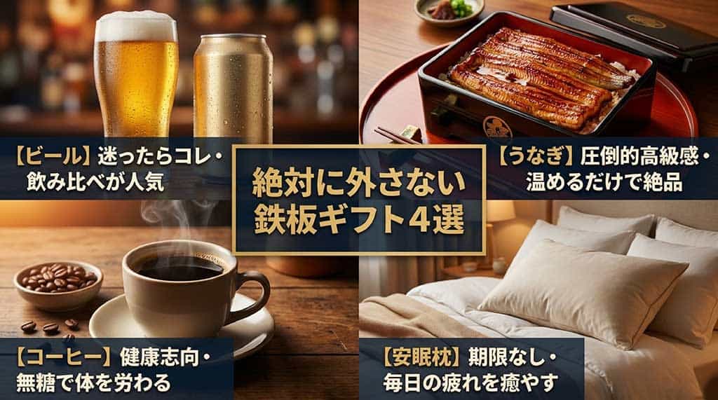 ビール（飲み比べ）、うなぎ（圧倒的高級感）、コーヒー（健康志向）、安眠枕（期限なし）の4つの鉄板ギフトを紹介するスライド