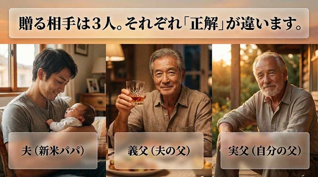 「贈る相手は3人。それぞれ『正解』が違います。」という文字と共に、夫(新米パパ)、義父(夫の父)、実父(自分の父)のイラストやアイコンが並んだ、ターゲット別の選び方の基本を示すスライド画像