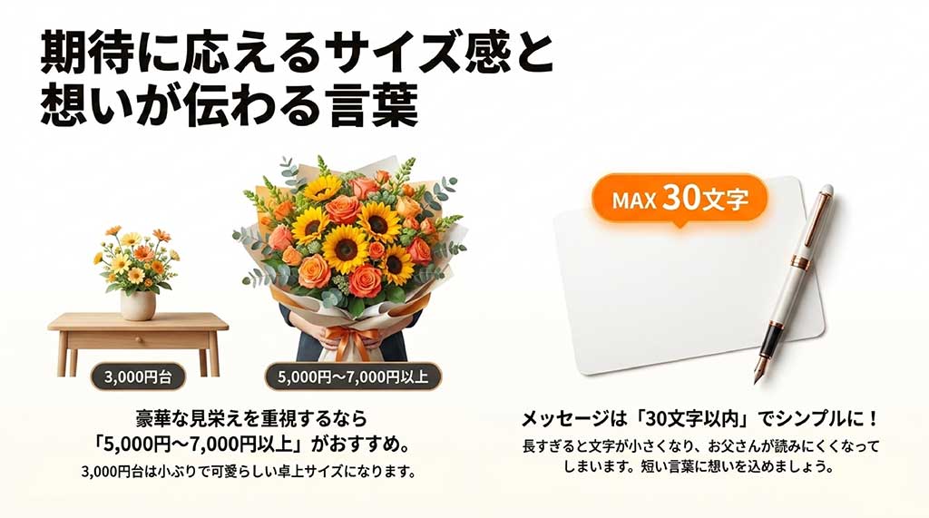 豪華な見栄えの予算目安(5,000円〜7,000円以上)とメッセージカードの30文字以内制限を解説するスライド