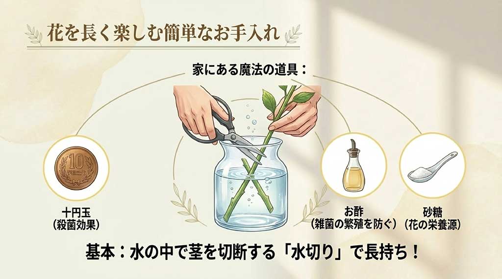 水の中での茎の切り方（水切り）や、10円玉（殺菌）、砂糖（栄養）など家にあるもので花を長持ちさせる裏技の解説画像