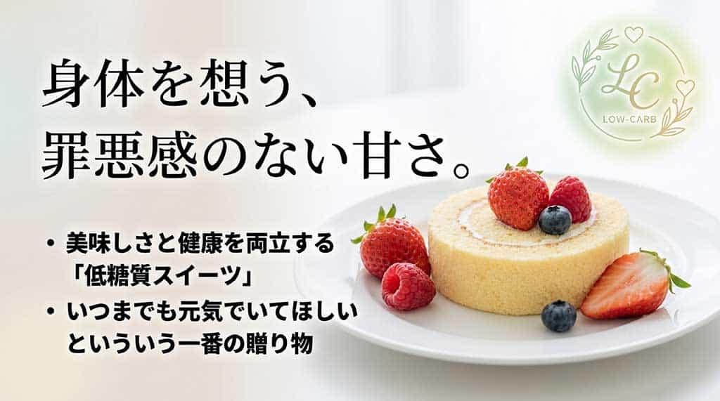 美味しさと健康を両立する「LOW-CARB(低糖質スイーツ)」のロゴマークと、いつまでも元気でいてほしいという願いを込めたギフトの解説