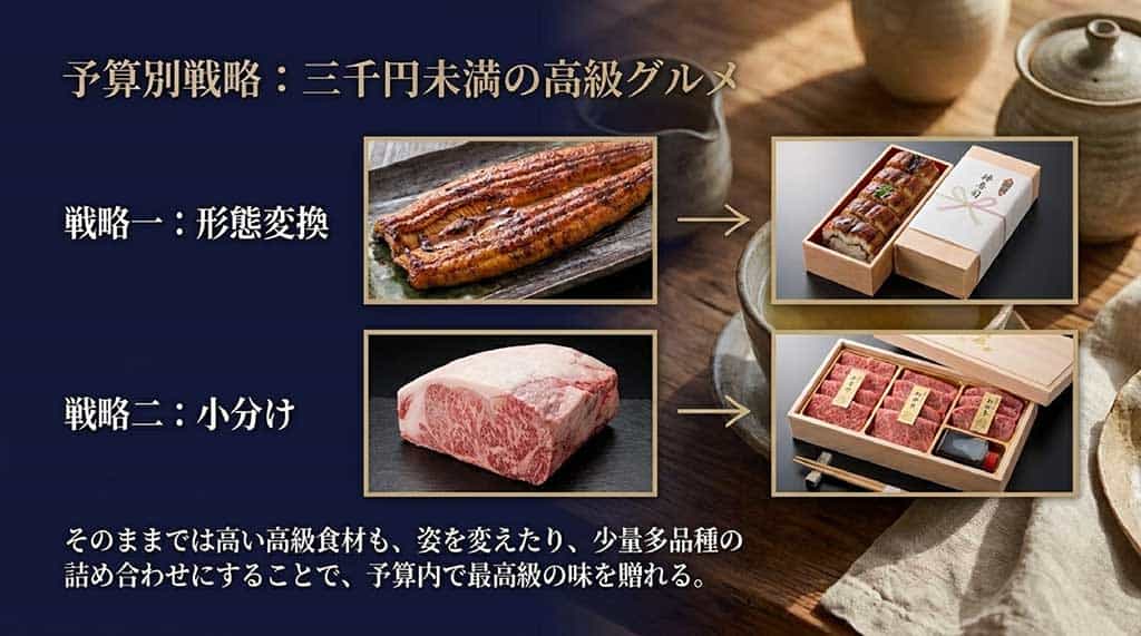 1,000円〜2,000円台の予算別戦略を解説したスライド。有名ブランド×少量パッケージ（クッキーやドリップコーヒー）で圧倒的な高級感を演出し、安くても安っぽく見せないコツを「ブランドの最小単位を狙う」という図解で説明しています。