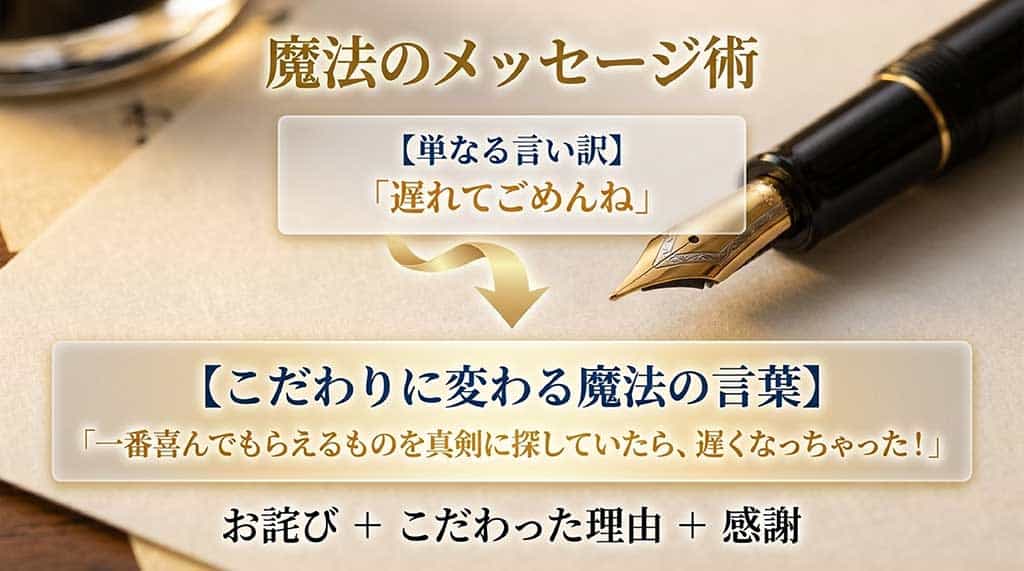 「魔法のメッセージ術。単なる言い訳『遅れてごめんね』から、こだわりに変わる魔法の言葉『一番喜んでもらえるものを真剣に探していたら、遅くなっちゃった!』お詫び+こだわった理由+感謝」と書かれた文章構成のスライド。