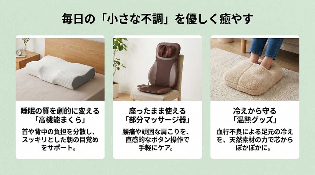 毎日の「小さな不調」を優しく癒やすグッズ。睡眠の質を劇的に変える高機能まくら、座ったまま使える部分マッサージ器、冷えから守る温熱グッズ（足元用）の紹介