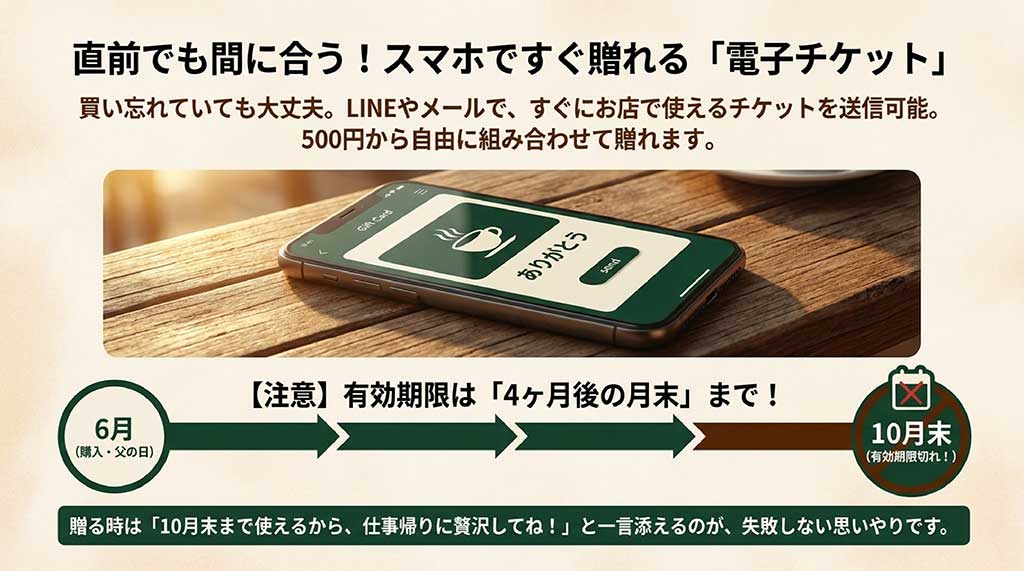 LINEやメールですぐに贈れるスマホの電子チケット(Gift Card)のイラストと、「有効期限は4ヶ月後の月末まで(10月末に期限切れ)」という注意喚起、思いやりの一言を添えるコツが書かれたスライド