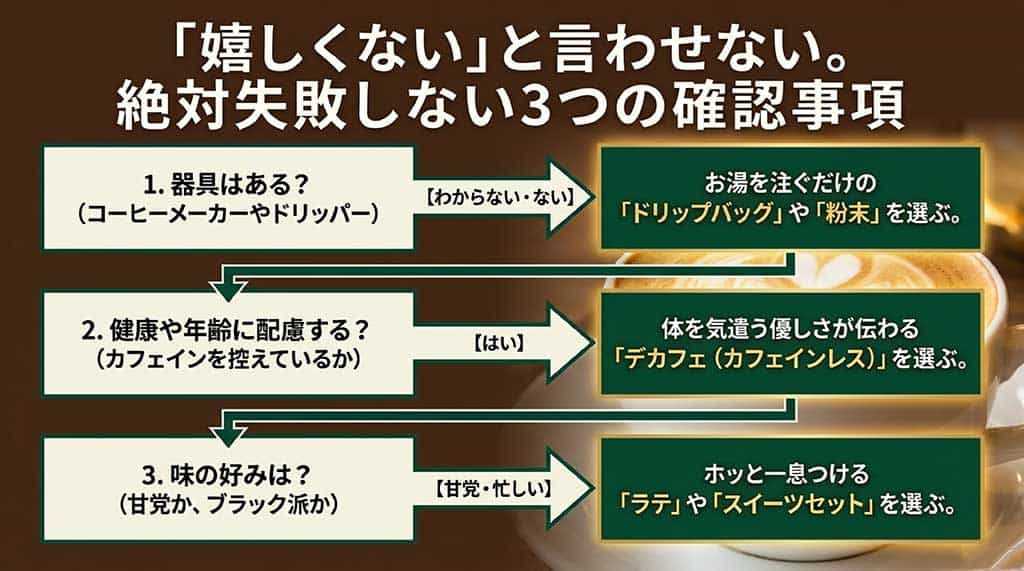 器具の有無、健康・年齢(カフェインレス)、味の好み(甘党かブラック派か)の3点から、お父さんに合わせてドリップバッグやデカフェ、ラテなどを選ぶ手順を示したフローチャート風のスライド