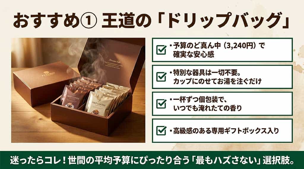専用の高級ギフトボックスに入ったスターバックスのドリップコーヒー「オリガミ」の写真と、「予算のど真ん中(3,240円)」「器具不要」「個包装」といったメリットを解説したスライド