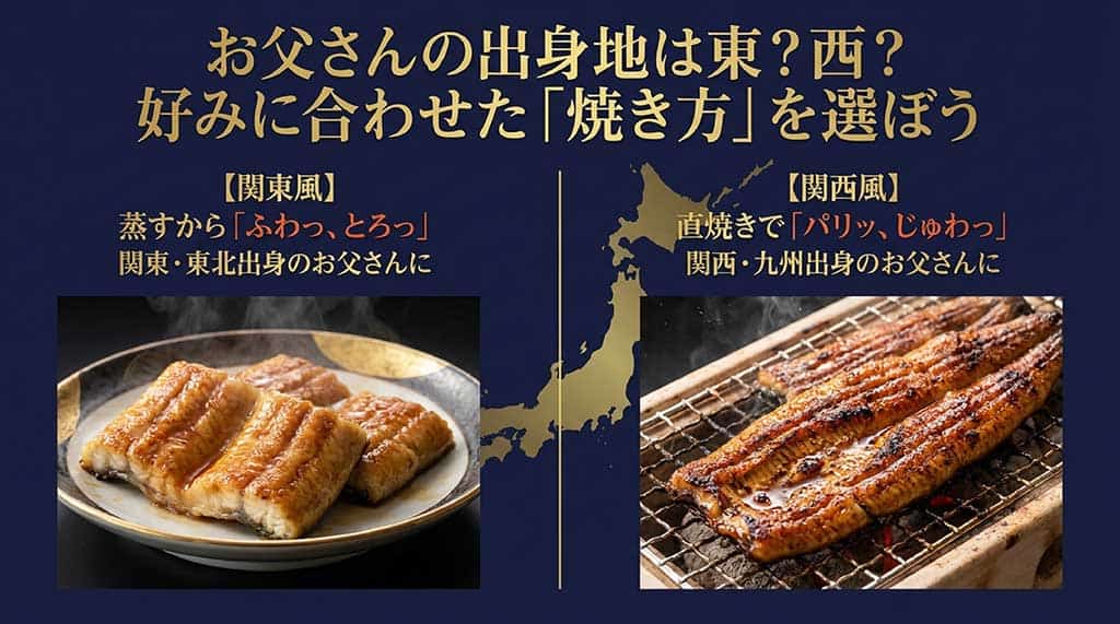 関東風(蒸し・ふわとろ)と関西風(直焼き・パリッ)の比較図解