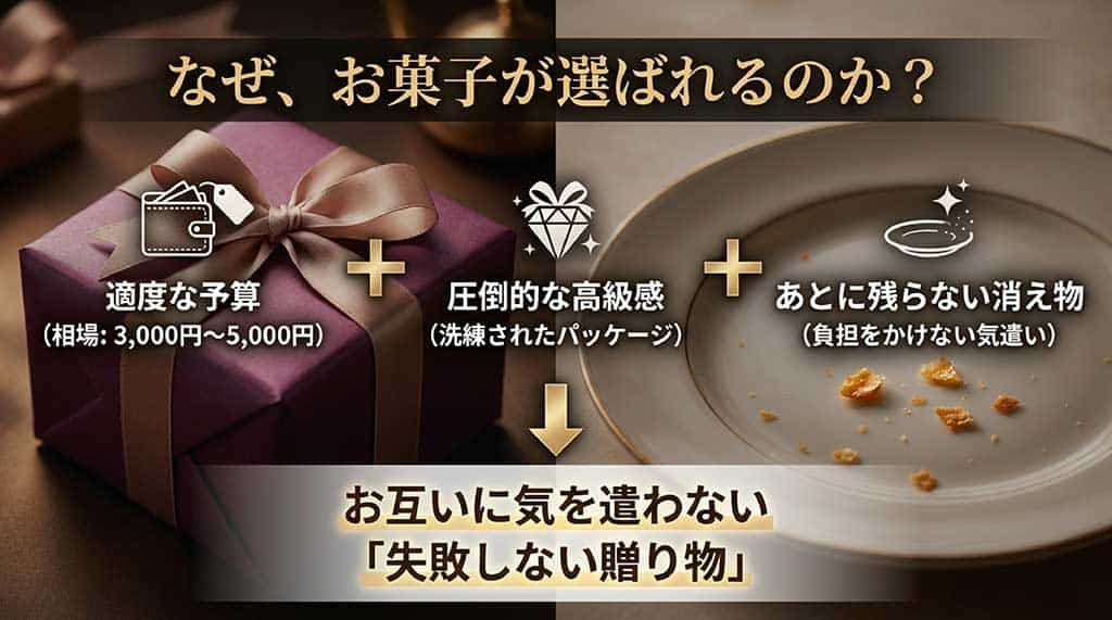 父の日に菓子が選ばれる理由として、適度な予算相場(3,000円〜5,000円)、圧倒的な高級感、あとに残らない消え物である気遣いをまとめた解説図